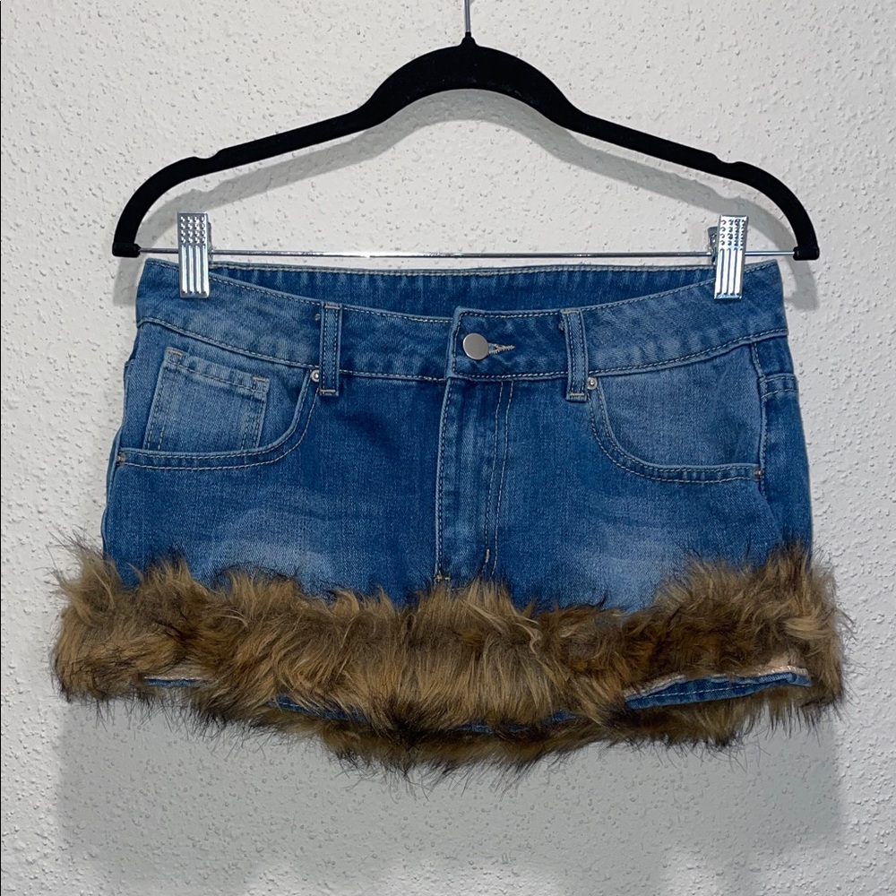 Denim Mini Skirt with Faux Fur Trim